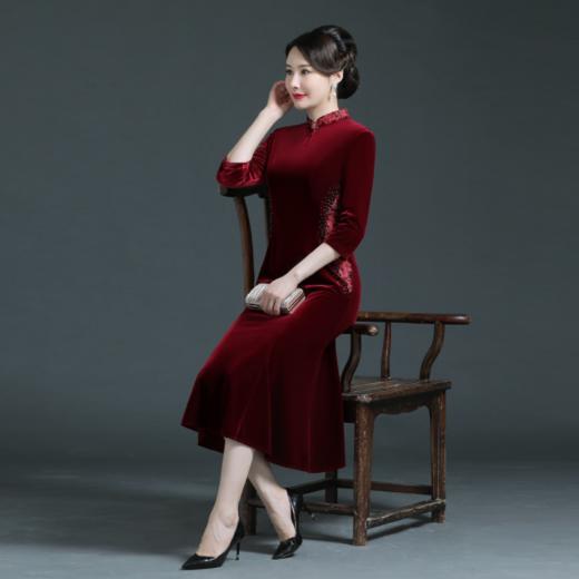 上海旗袍厂WD-WT21358旗袍婚宴秋款七分袖婚礼端庄气质高贵时尚丝绒qp 商品图1