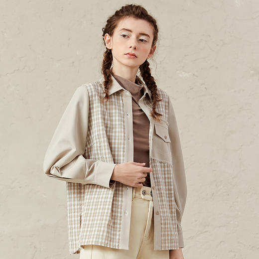 Famecoco范可儿格子衬衫女设计感小众拼接上衣F221BA025 商品图1