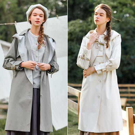 Famecoco范可儿连帽长款风衣外套女减龄时尚F221AT005 商品图4