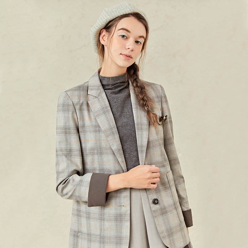Famecoco范可儿格子西装外套女休闲灰色西服F221AW012