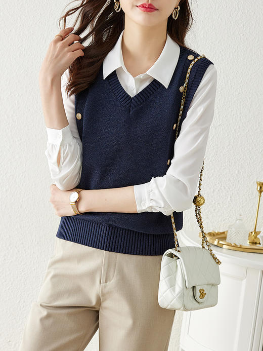 【129选3件，不退换】 熙世界法式针织马甲女2025春秋新款外搭v领坎肩毛衣背心设计感 商品图3