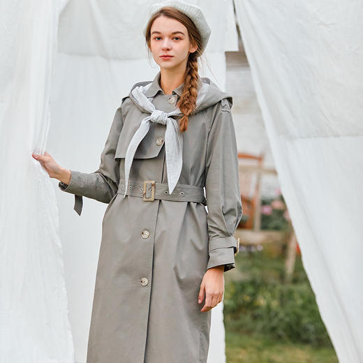 Famecoco范可儿连帽长款风衣外套女减龄时尚F221AT005 商品图3