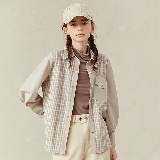 Famecoco范可儿格子衬衫女设计感小众拼接上衣F221BA025 商品图0