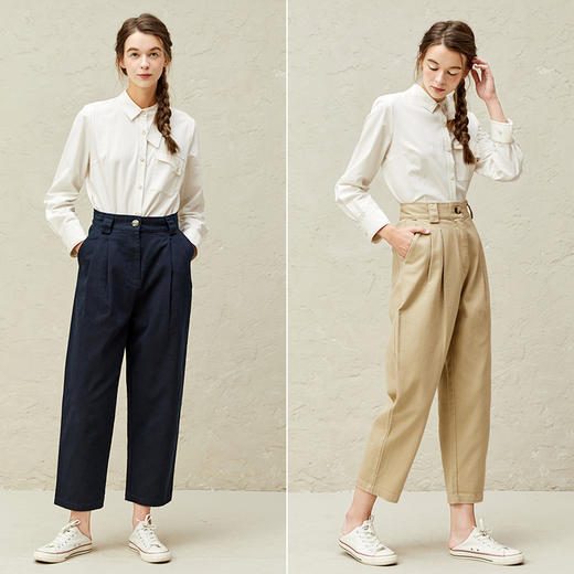 Famecoco范可儿宽松阔腿裤女早春卡其色休闲裤F221GA019 商品图4