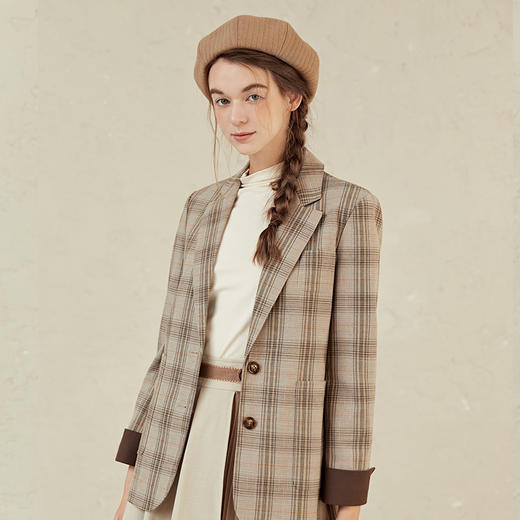 Famecoco范可儿格子西装外套女休闲灰色西服F221AW012 商品图2