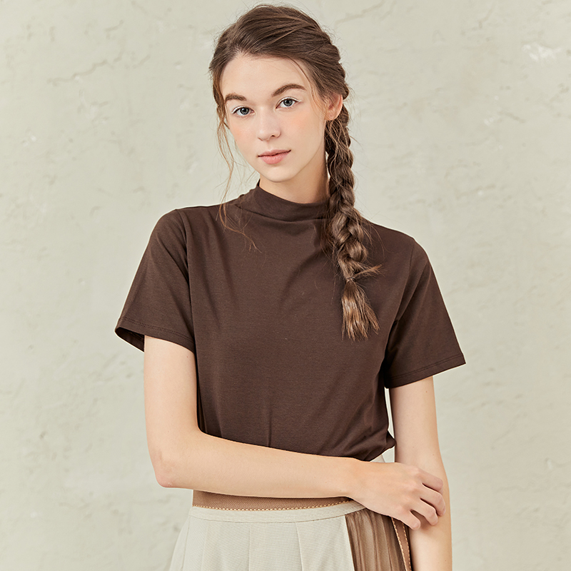 famecoco范可儿半高领打底衫女春内搭短袖t恤F221BB005