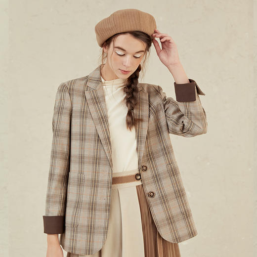 Famecoco范可儿格子西装外套女休闲灰色西服F221AW012 商品图3