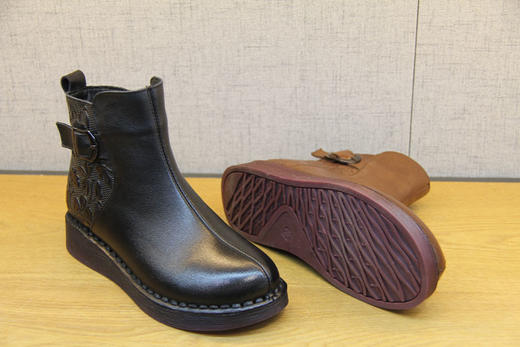 豪行冬款20492962真皮妈妈鞋棉鞋女加绒平底保暖防滑软底舒适女靴 专柜正品 跟高3CM 帮高10CM 商品图7