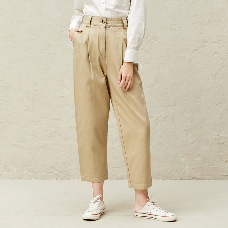 Famecoco范可儿宽松阔腿裤女早春卡其色休闲裤F221GA019