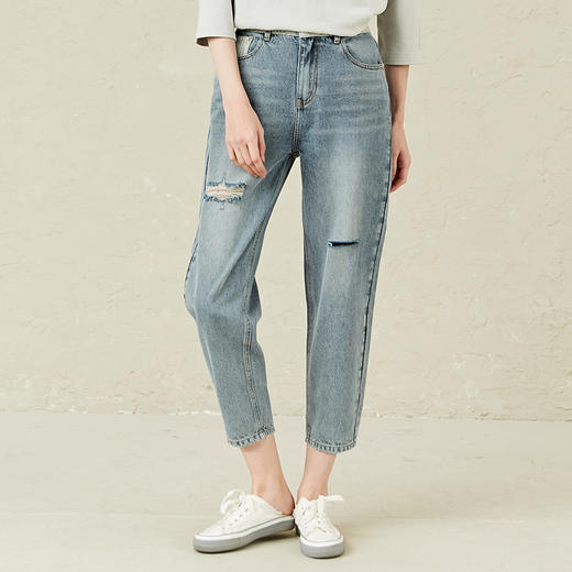 famecoco范可儿破洞牛仔裤女设计感小众直筒裤F221GA011 商品图1
