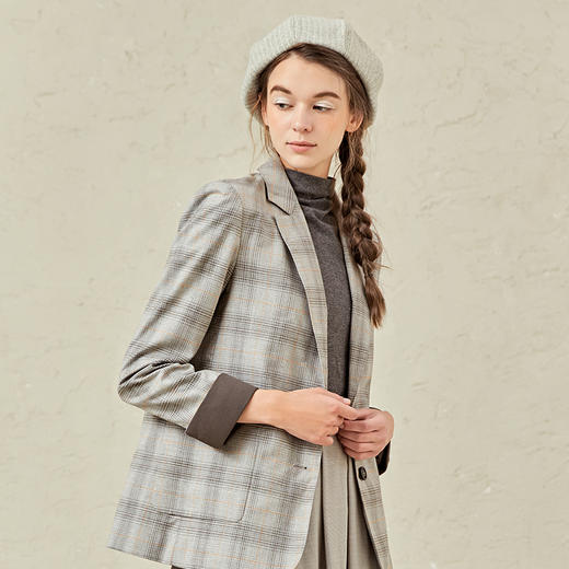Famecoco范可儿格子西装外套女休闲灰色西服F221AW012 商品图1