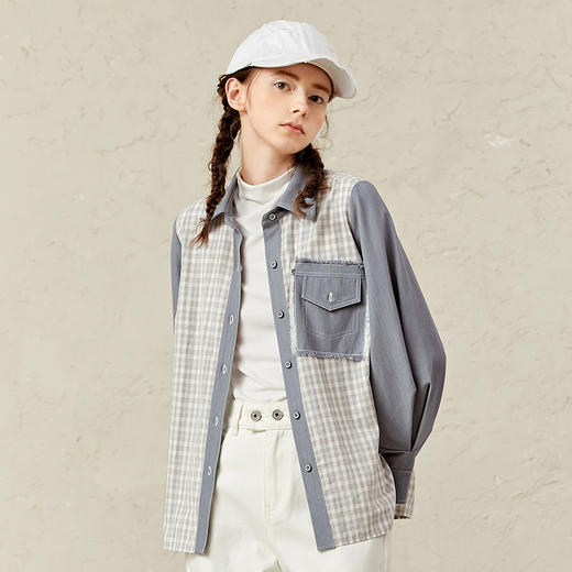 Famecoco范可儿格子衬衫女设计感小众拼接上衣F221BA025 商品图2