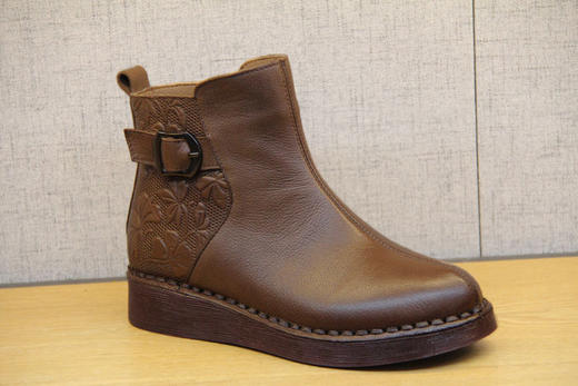 豪行冬款20492962真皮妈妈鞋棉鞋女加绒平底保暖防滑软底舒适女靴 专柜正品 跟高3CM 帮高10CM 商品图1