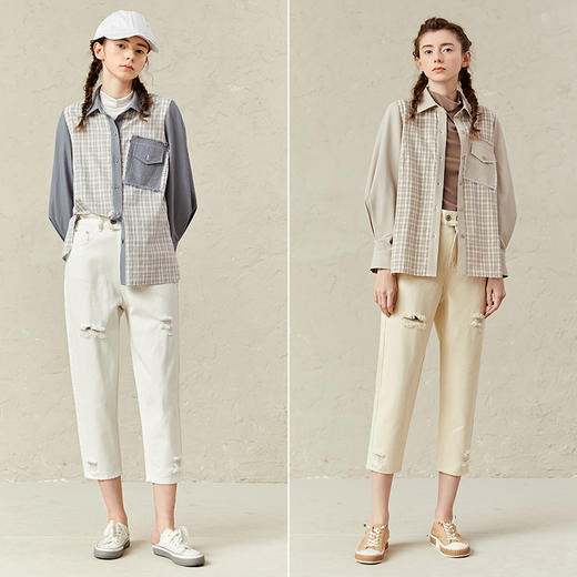 Famecoco范可儿格子衬衫女设计感小众拼接上衣F221BA025 商品图4
