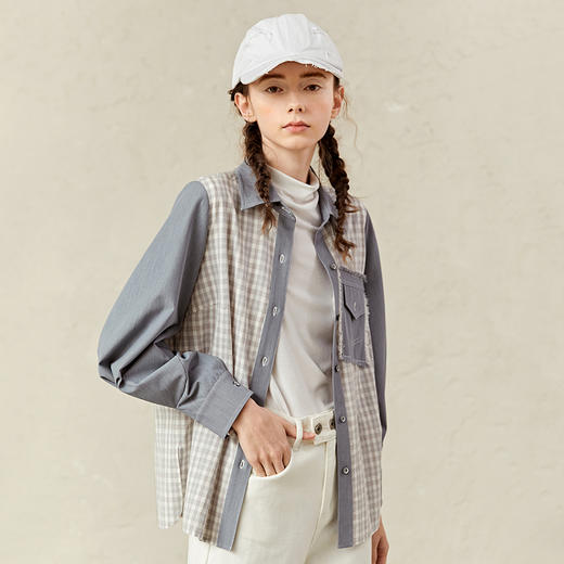 Famecoco范可儿格子衬衫女设计感小众拼接上衣F221BA025 商品图3