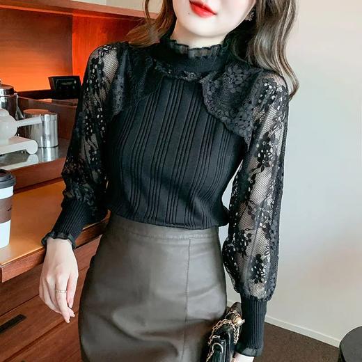 HT6357 2022春季新款韩版网纱拼接雪纺袖修身打底针织衫上衣 商品图1