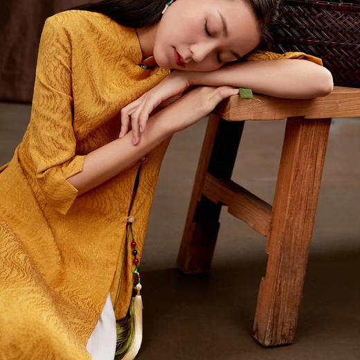 岐氏姐妹  新中式奥黛连衣裙开叉经典大气显高挑棉麻连衣裙20-85DA499 商品图5