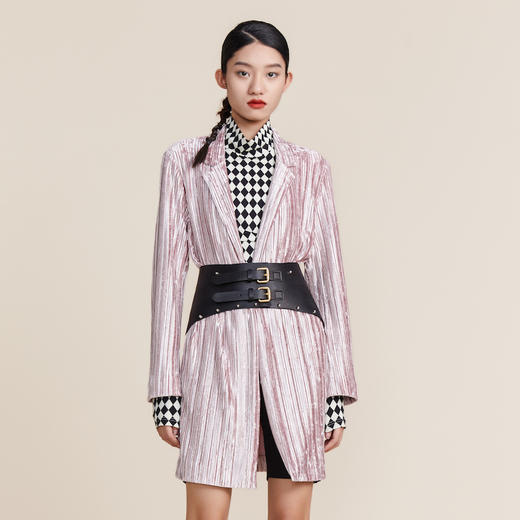 谜底2022春新款高端系列慵懒丝绒压褶中长款西服外套女221GW0052 商品图0