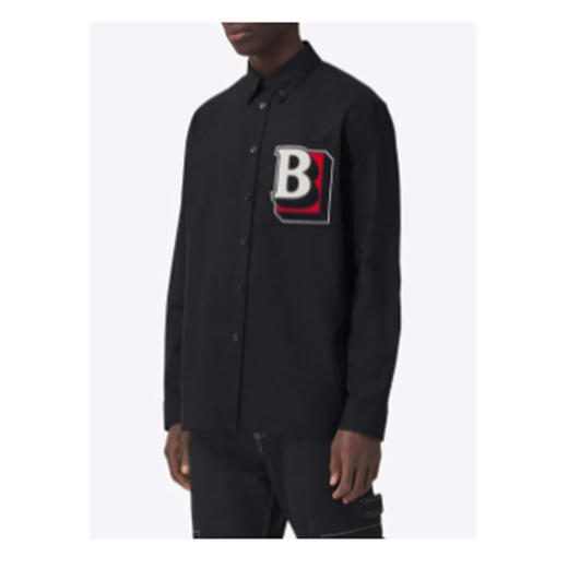 BURBERRY 博柏利 字母图案领尖扣衣领棉质衬衫 男士长袖衬衫 黑色 8048118 A1189 商品图2