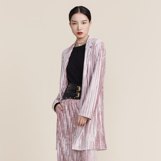 谜底2022春新款高端系列慵懒丝绒压褶中长款西服外套女221GW0052 商品图1
