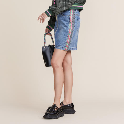 MIIDII谜底2022春新款短裙减龄拼接彩色织带棉牛仔半裙221MB0018 商品图1