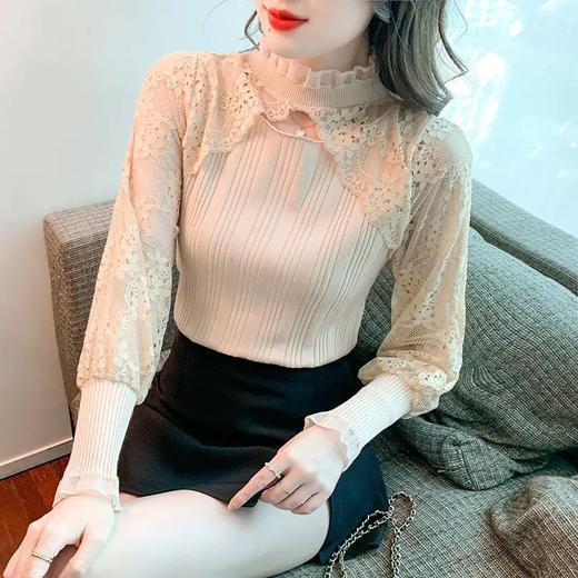 HT6357 2022春季新款韩版网纱拼接雪纺袖修身打底针织衫上衣 商品图2