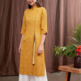 岐氏姐妹  新中式奥黛连衣裙开叉经典大气显高挑棉麻连衣裙20-85DA499