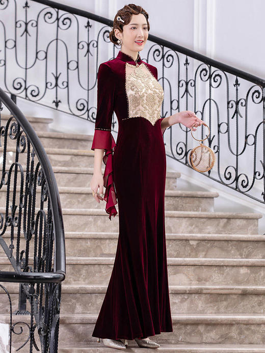 DLQ-A3132复古改良旗袍丝绒秋冬宴会礼服修身显瘦连衣裙女 商品图1