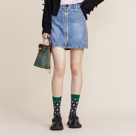 MIIDII谜底2022春新款短裙减龄拼接彩色织带棉牛仔半裙221MB0018 商品图0