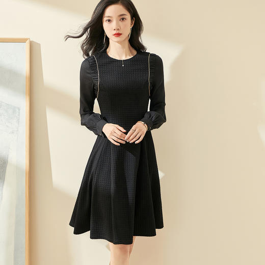 剩S/M/XL 米思阳2024秋季新款气质简约百搭黑色连衣裙高腰显瘦A字裙0037 商品图0