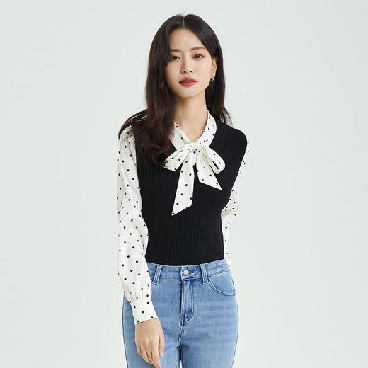 PRICH2022春季款上衣设计感小香风拼接系带领毛针织衫PRKWC1201M 商品图2