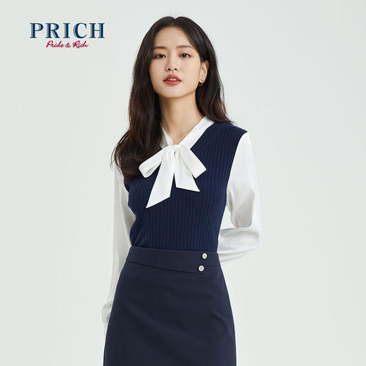 PRICH2022春季款上衣设计感小香风拼接系带领毛针织衫PRKWC1201M 商品图0