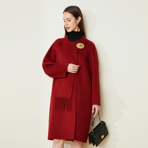 LH9K2斯尔丽2021瑟俪秋冬新款个性时尚法式利落复古流苏围巾式大衣外套 商品图0