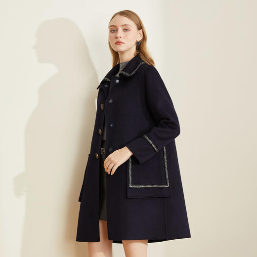 LH922斯尔丽瑟俪2021冬新款方领织带通勤外套H型中长羊毛大衣女 商品图2