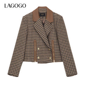 Lagogo拉谷谷2022新款西装领复古双排扣千鸟格外套女LAWW541A45