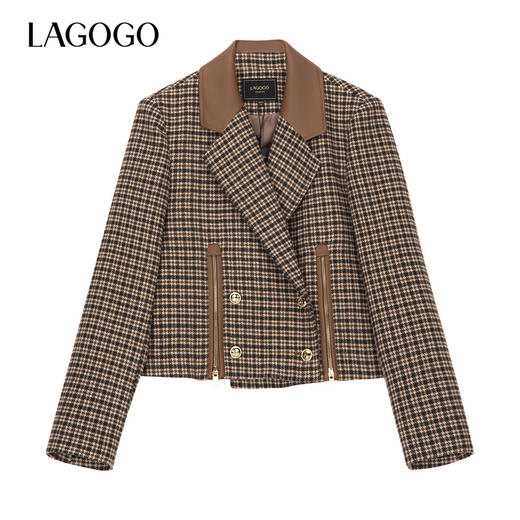 Lagogo拉谷谷2022新款西装领复古双排扣千鸟格外套女LAWW541A45 商品图0