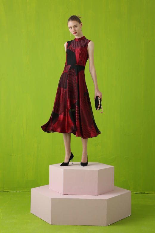 【伯妮斯茵】3S4643几何印花曙红色连衣裙《优雅妩媚系列》-【木兰花开--离骚】 商品图6