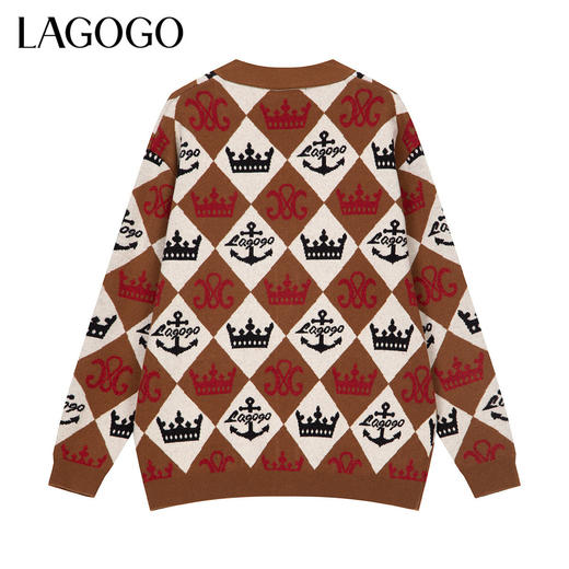 Lagogo拉谷谷2022春新款V领针织衫女复古宽松开衫毛衣外套慵懒风LAMM871A37 商品图1
