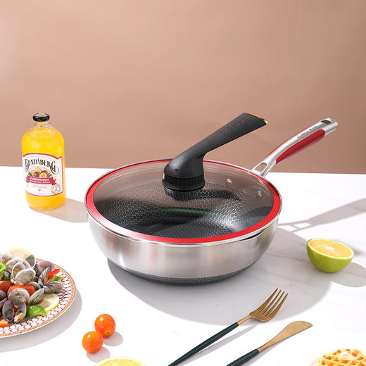 康巴赫第五代煎锅小资锅不粘锅316L不锈钢烛刻双面蜂窝平底炒菜锅少油烟新款5代电磁炉燃气灶通用炒煎锅 商品图5