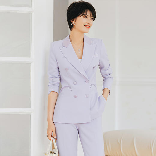 紫色长袖西装套装女气质时尚高端职业装女春秋修身西服正装 商品图1