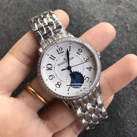 2017日内瓦表展新款积家约会系列大月相女士腕表，34x11mm，西铁城9015改cal.935A自动机械机芯，316精钢表壳，蓝宝石镜面，钢带或皮带可选，折叠扣，防水30米
