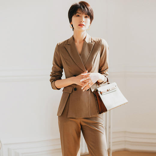 咖色西装套装女气质修身双排扣西服外套OL干练正装职场女装 商品图0
