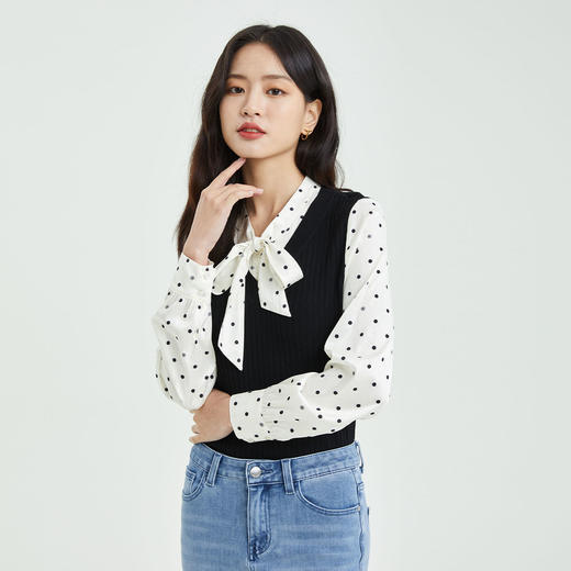 PRICH2022春季款上衣设计感小香风拼接系带领毛针织衫PRKWC1201M 商品图3