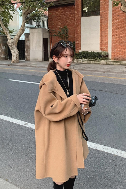 金蘑菇菇【黑标戴帽羊绒】咸菜绿 短款  戴帽休闲风双面呢大衣 商品图6