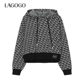 Lagogo拉谷谷2022新款连帽抽绳撞色字母印花卫衣女LAEE471A03