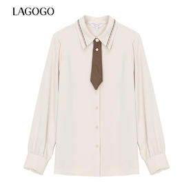 Lagogo拉谷谷2022新款方领领口撞色刺绣可拆领结衬衫女LACC431A13