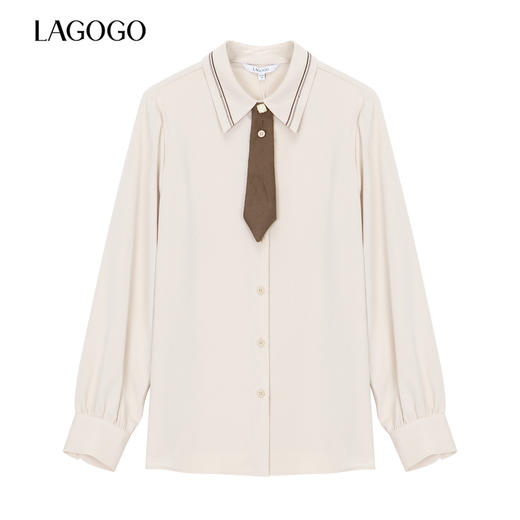 Lagogo拉谷谷2022新款方领领口撞色刺绣可拆领结衬衫女LACC431A13 商品图0