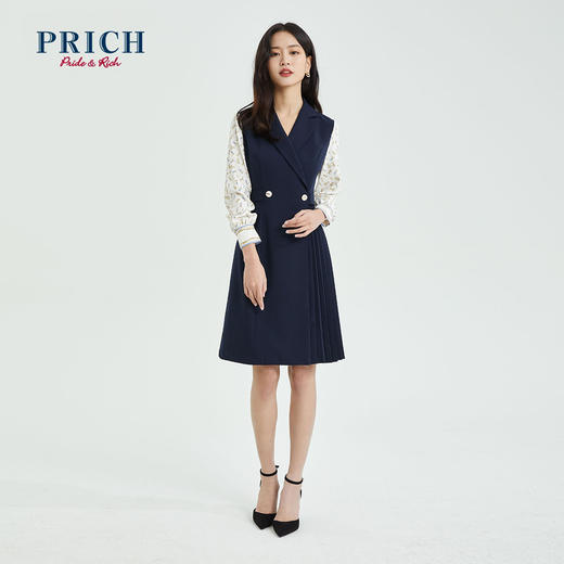 PRICH2022春季新款气质设计感小众职场拼接V领西装连衣裙PROWC1203M 商品图0