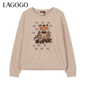 Lagogo拉谷谷2022春新款驼色圆领套头宽松显瘦卫衣女长袖休闲上衣LAEE411A01