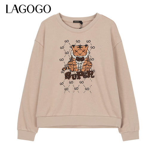 Lagogo拉谷谷2022春新款驼色圆领套头宽松显瘦卫衣女长袖休闲上衣LAEE411A01 商品图0
